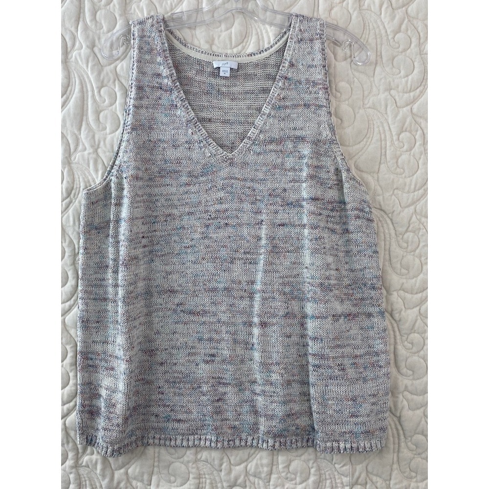 J. Jill V-Neck Sweater Tank Multi-Color Women XL Space Dye Cotton Linen Knit
